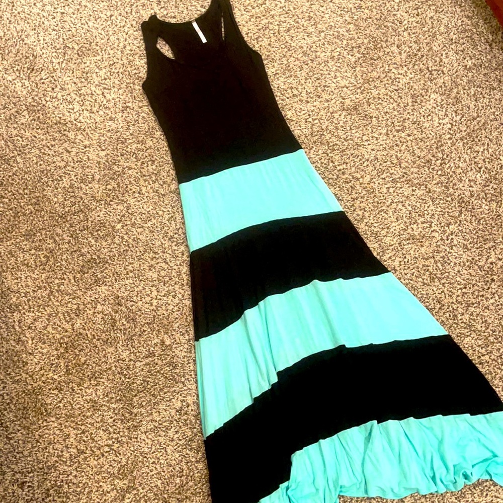 Full length black/teal maxi dress